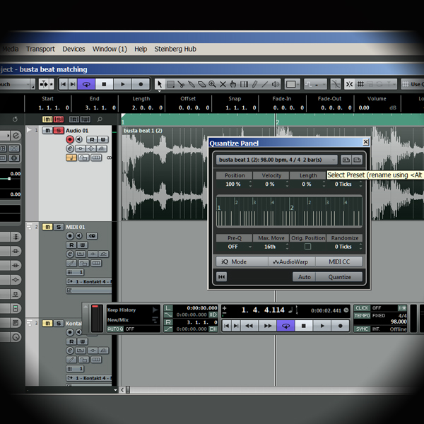 Ripping and using Timing Information from a Drum Beat screen shows cubase's quantise editor