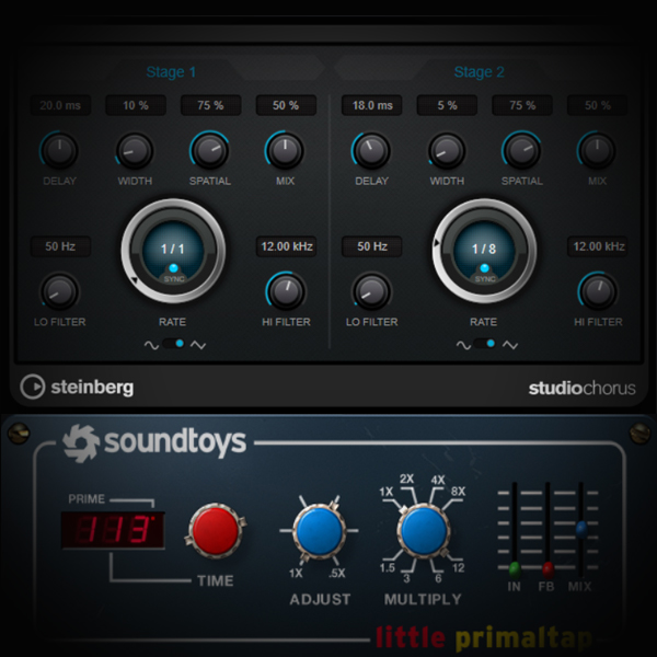 Using a Delay to create Chorus screen shows cubase chorus and soundtoys primal tap plugins